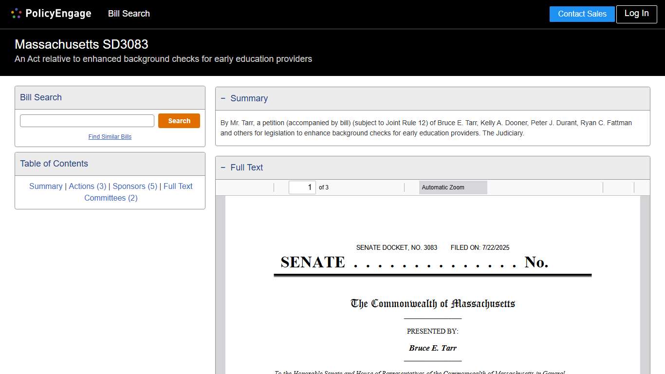 SD3083 Massachusetts 2025-2026 An Act relative to enhanced background checks for early education providers - Legislative Tracking PolicyEngage